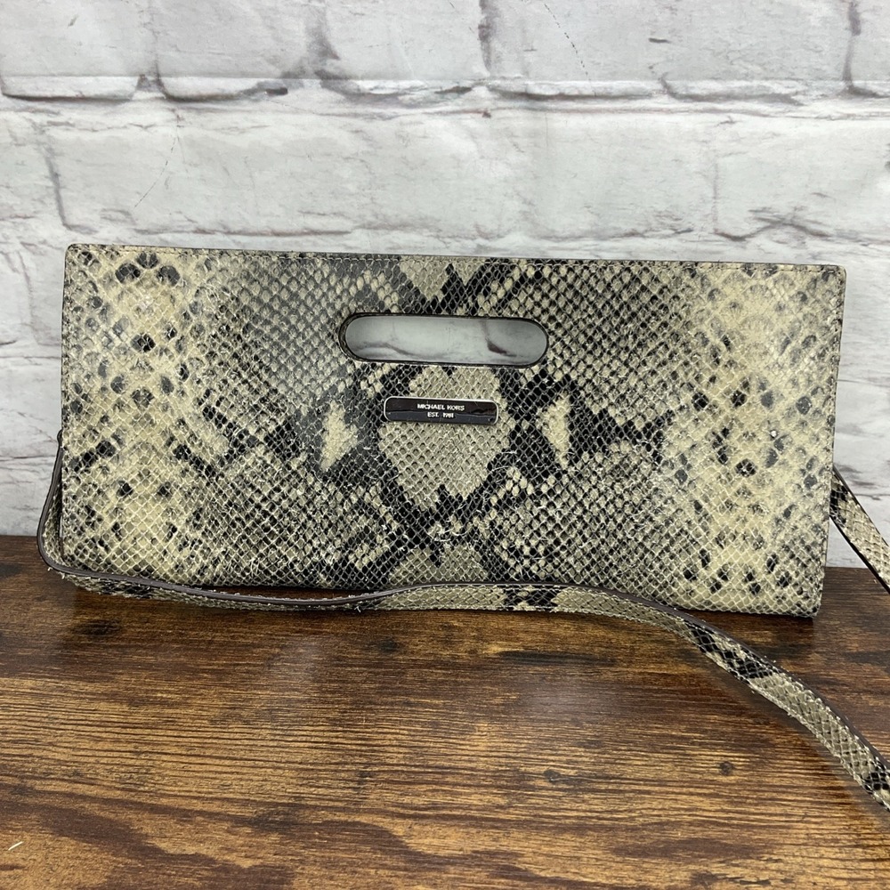 Michael Kors Snakeskin Leather Clutch With Shoulder Strap Sand